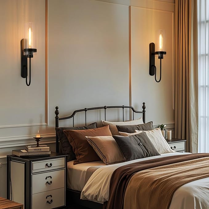 Bathroom Sconces Set of 2, Black Modern Vanity Lights with Clear Glass Shade, Indoor Farmhouse Wall Sconce for Living Room, Bedroom, Hallway, Stairwell and Kitchen