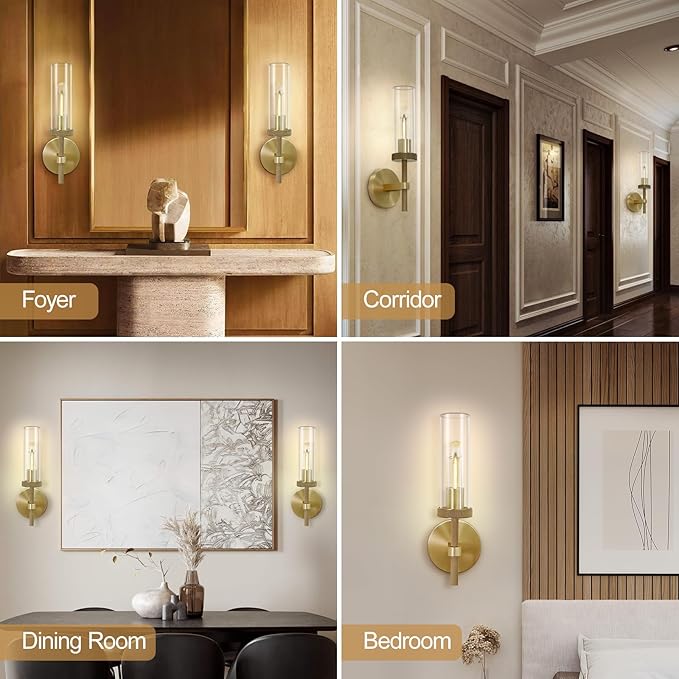 Knurled Wall Sconces Set of Two, Brass Wall Sconce Lights, 14" Gold Bathroom Wall Sconces, Glass Linear Sconce Wall Lighting, Vanity Lights Bathroom Light Fixture Wall Lights for Living Room