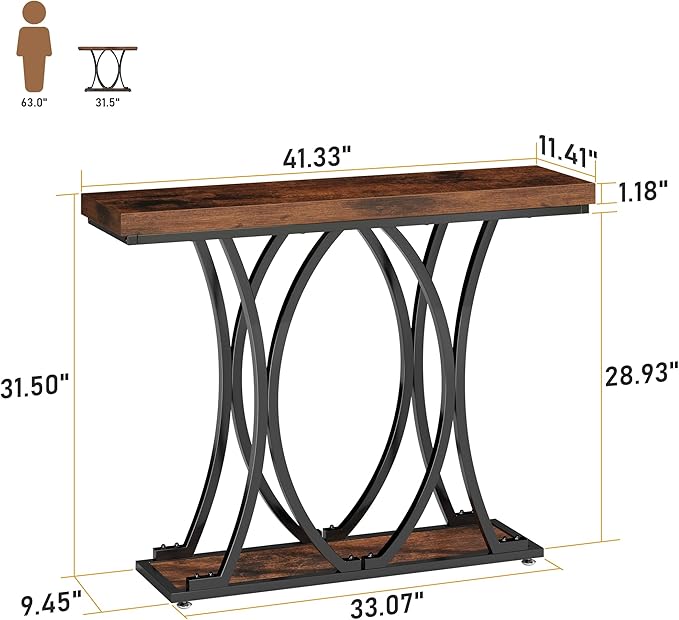JUSTOGO 41.3" Industrial Entryway Table, Narrow Wood Sofa Console Table with Geometric Metal Legs and Ellipse Base, Living Room Furniture for Foyer, Hallway, Entrance, Rustic Brown