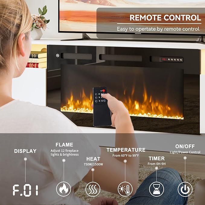 oneinmil 70" TV Stand with 36" Electric Fireplace, Large Modern Media Entertainment Center with Storage Cabinet and 12 Colors LED Lights for TVs Up to 80", White and Black