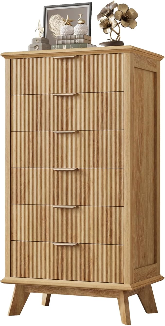 QUW Fluted 6 Drawer Dresser for Bedroom, Modern Tall Chest of Drawers with Metal Handle, Large Wood Storage Chest Organizer Accent Storage Cabinet for Living Room, Hallway, Entryway, Natural Oak
