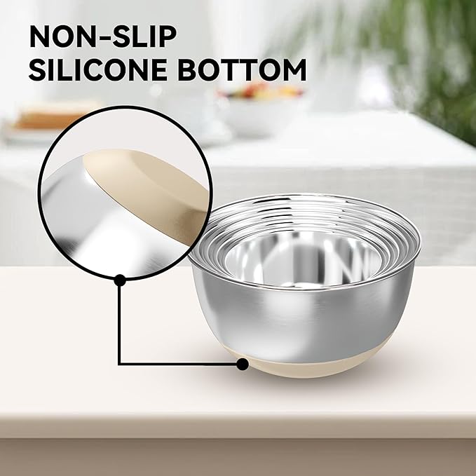 Stainless Steel Mixing Bowls with Lids – Set of 5 Large Nesting Metal Bowls for Kitchen, Baking, Cooking, Food Prep & Storage, Non-Slip Base, Dishwasher Safe,Khaki