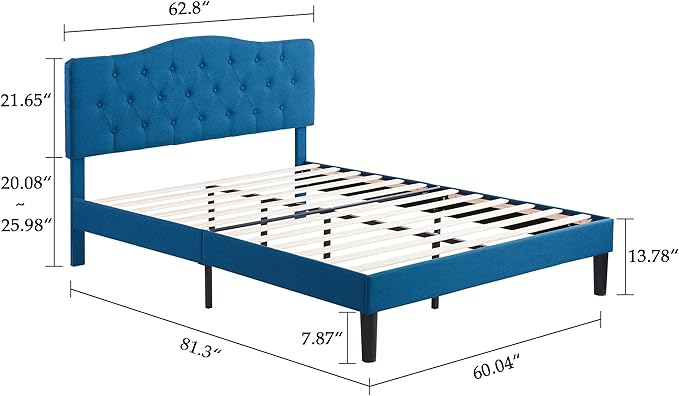 VECELO Queen Size Platform Bed Frame with Fabric Upholstered Headboard and Wooden Slats Support, No Box Spring Needed/Easy Assembly,Blue