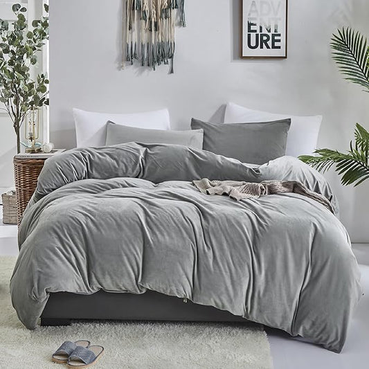 Luxlovery Grey Velvet Comforter Set King Plush Fluffy Dark Grey Bedding Comforter Set Men Women Gray Flannel Winter Thick King Velvet Blanket Quilt Men Women