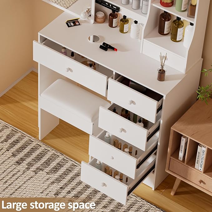 Vanity Desk with Mirror, Lights Bulbs and 10 Lights Makeup Vanity Table with 6 Drawers and 6 Storage Shelves, 3 Color Modes Available for Bedroom Dressing Room, White