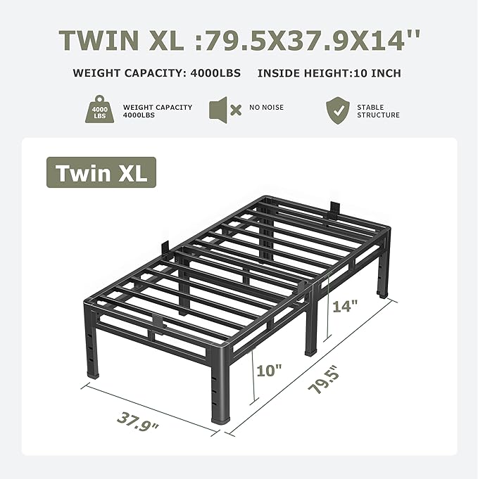 NKZ Twin XL Bed Frame 14 Inch, Metal Bed Frame & Box Spring 2 in 1 Platform with Round Corner Legs, 4000lbs Weight Capacity Reinforced Metal Frame, Headboard Hole, Noise-Free, Easy Assembly
