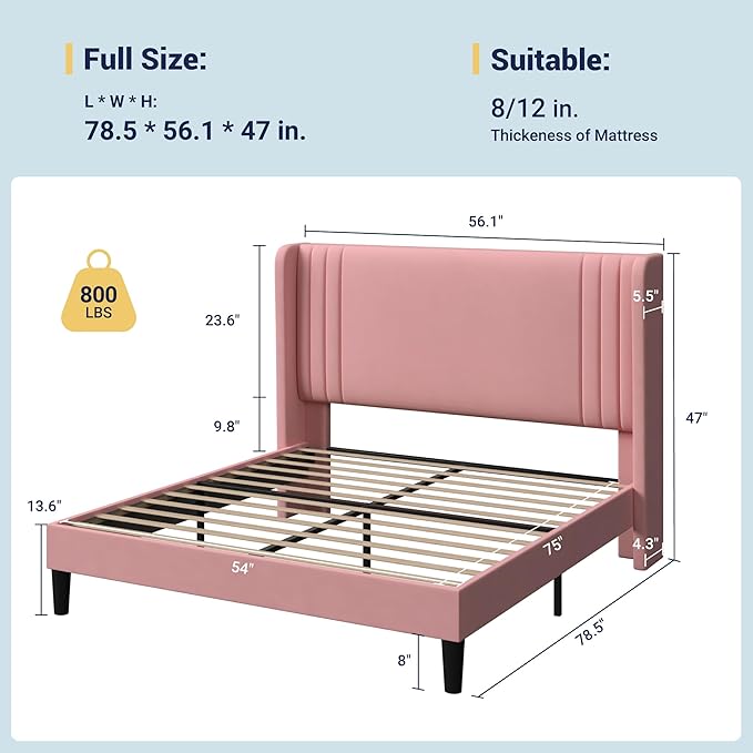 Allewie Full Size Velvet Platform Bed Frame with Vertical Tufted Wingback Headboard, Easy Assembly, Under Bed Storage, No Box Spring Required, Modern Style, Pink