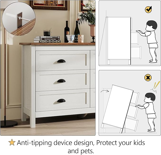 White Dresser for Bedroom, Farmhouse 6 Drawers Dresser, Wide Chest of Drawers with Metal Handles, Modern Wood Double Chest Storage Cabinet for Living Room, Bedroom, Hallway