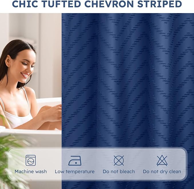No Hook Shower Curtain and Snap in Liner Set Navy Blue Tufted Chevron Striped Cloth Waterproof Washable Fabric Boho Bath Curtain with See Through Mesh Top Window for Bathroom Hotel 71" x 74"