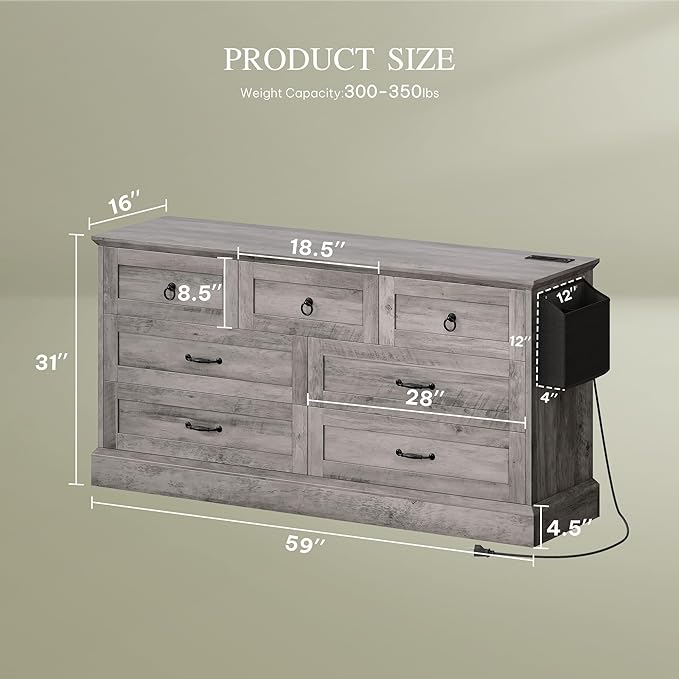 DWVO Farmhouse 7 Drawers Dresser, 59" Wide Wood Rustic Chest of Drawers with Nice Texture, Vintage Design, Storage Dressers Organizer for Living Room, Hallway, Grey