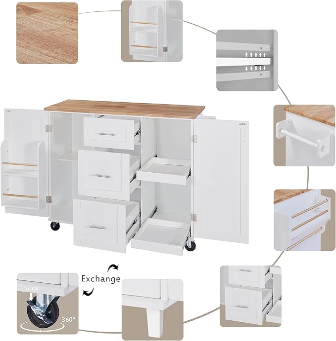 Rolling Mobile Kitchen Island Cart Cabinet with Internal Storage Rack, 3 Drawers and 2 Slide-Out Shelves for Dining Room