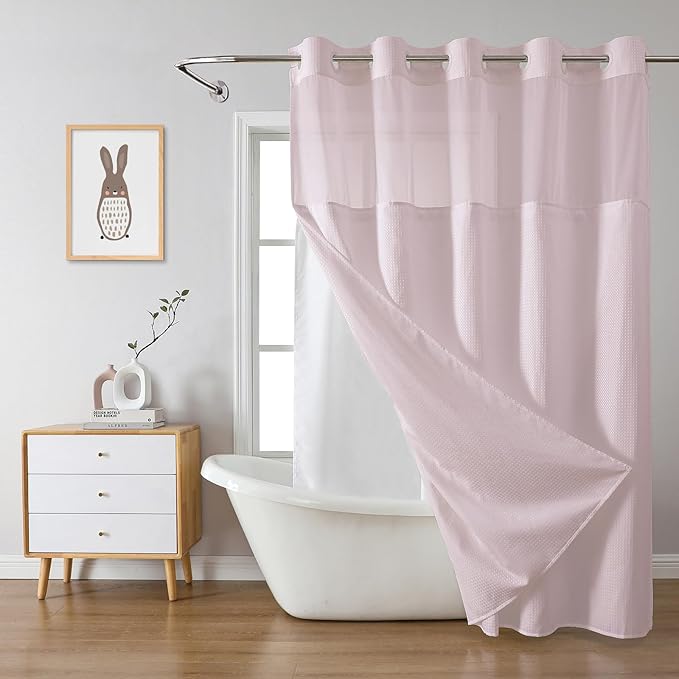 BlushPink No Hook Waffle Weave Shower Curtain with snap-in Liner Replacement, 230GSM Waterproof Fabric Hotel Shower Curtain Set for Bathroom, Through Mesh Top Window,71Wx77H