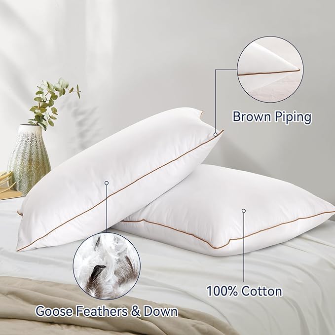 Peace nest Bed Pillows Standard Size 20x26 Inches Set of 2 Made in USA Goose Feathers and Down with Cotton Cover Hotel Collection Luxury Soft Sleeping White Pillow