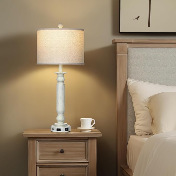 28.5" Farmhouse Table Lamps Set of 2 with USB C+A Ports & AC Outlet for Vintage Living Room Retro Bedroom,3-Way Dimmable Touch Lamp Resin Bedside Lamps for Nightstand Side End Table,White-2