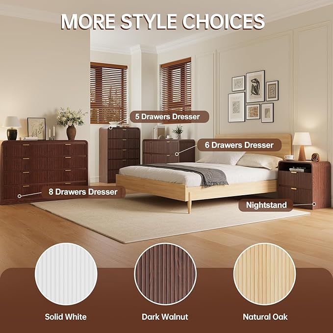 FURSUN Fluted 5 Drawers Dresser for Bedroom, 48" Tall Wooden Modern Dresser with Metal Handle, Curved Profile Design, Storage Organizer for Living Room, Hallway（Dark Walnut）
