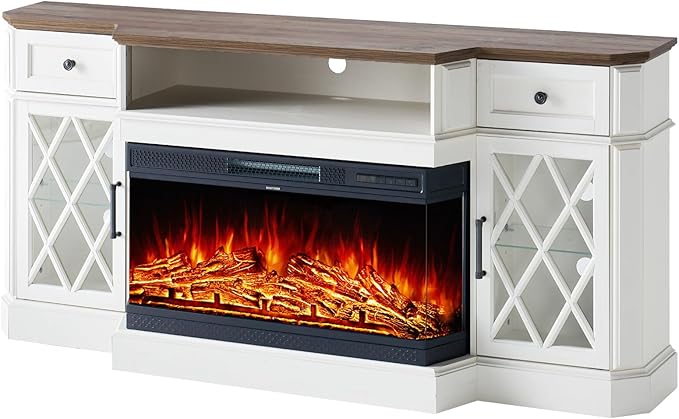 AMERLIFE 70" Bevel Farmhouse Fireplace TV Stand with 36" 3-Sided Glass Fireplace, LED Lights Entertainment Center Glass Doors & Drawers, Media Console Table Cabinet for Max 80" TV, Living Room, White