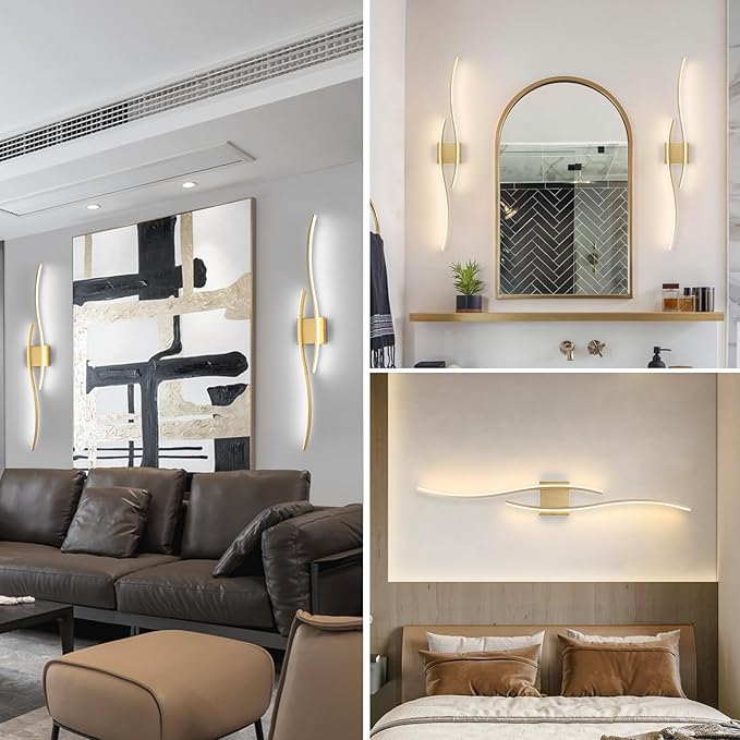 Modern LED Wall Sconce Set of Two with Remote Control, 40" Dimmable Wall Sconces Lighting Set of 2, Gold Wall Light with Timer, LED Wall Lamp Indoor for Bathroom Living Room Bedroom Corridor