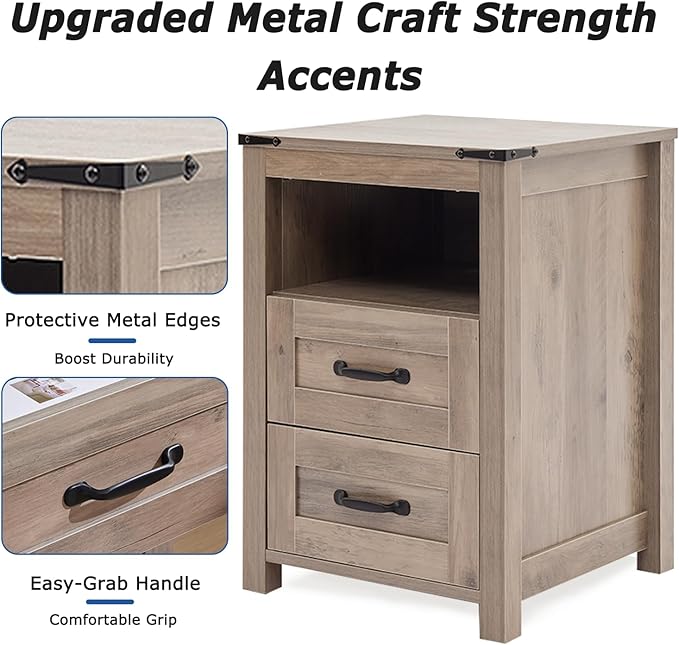 Farmhouse Night Stand Set of 2, Rustic Sierra Nightstand for Bedroom, End Tables Without Charging Station, Bedside Table with Drawers, Wood Bedside Cabinet Dresser
