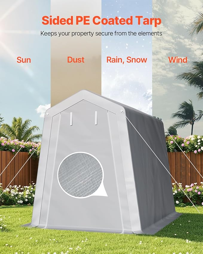 VEVOR 6x8x7 FT Portable Outdoor Storage Shed, Heavy-Duty Waterproof Shelter with Roll-Up Zipper Door & Vents, UV-Resistant Carport for Motorcycle, Bike, Lawn Mower, Tools �Gray