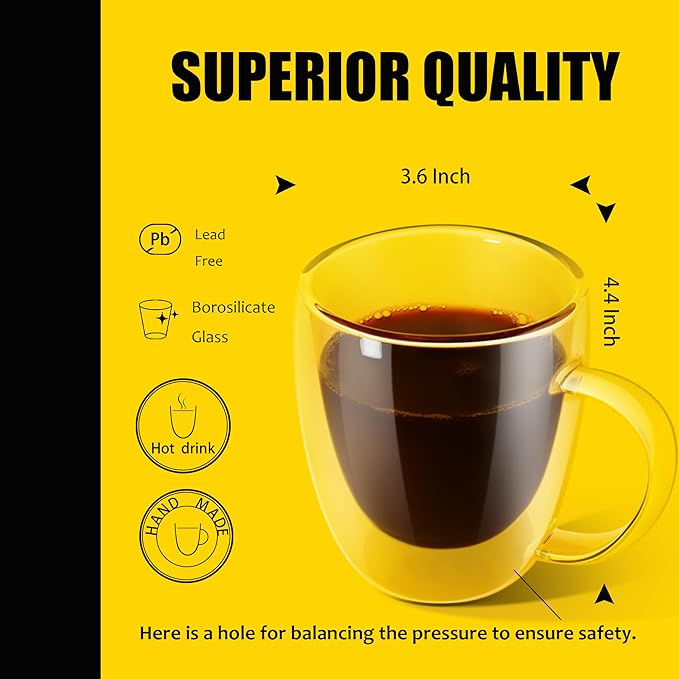 PunPun 12.9OZ. 380ml Clear Coffee Mugs, Glass Cups for Latte, Double Wall Glass with Big Handle, Clear Mugs for Iced Coffee or Hot Beverages, Espresso Cups Each Set of 4