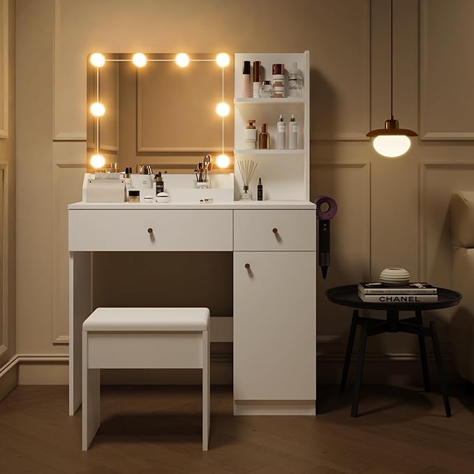 Vanity Desk with Mirror and Lights Dimmable LED Makeup Vanity Table with Drawers Side Cabinet 3 Storage Shelves Power Outlet Dressing Table Set include Holder Cushioned Stool for Bedroom(white)