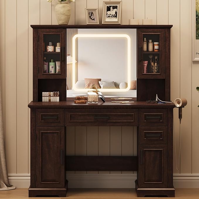 Maupvit Farmhouse Vanity Desk with Mirror and Lights, Makeup Vanity Table with Charging Station, 45" Bedroom Table with 4 Drawers and Cabinets, 3 Lighting Modes, Brown