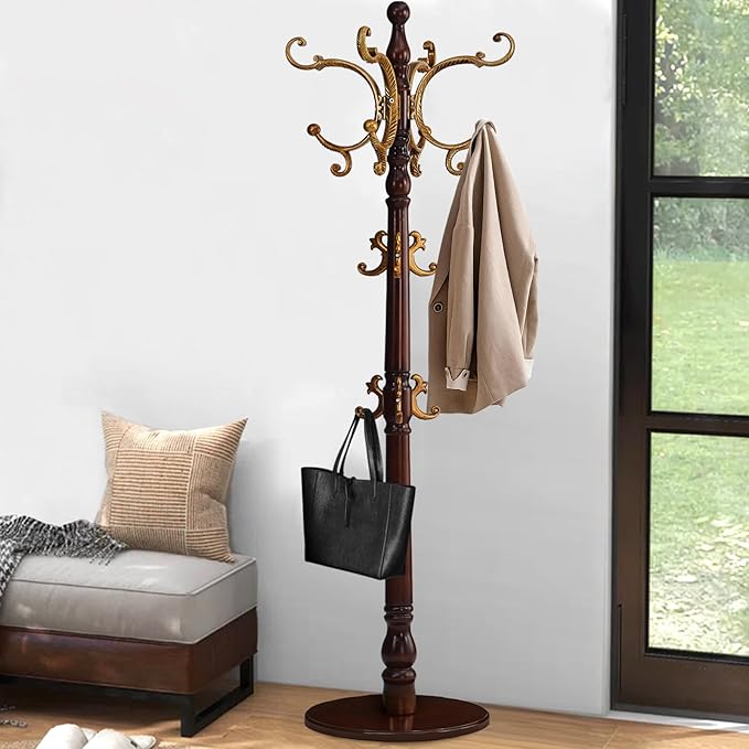 Coat Rack Freestanding, Wooden Coat Tree with Stable Round Base, Vintage Heavy Duty Coat Rack Stand with 14 Hooks, Coat Hanger Stand for Bedroom, Office, Entryway (Vintage)