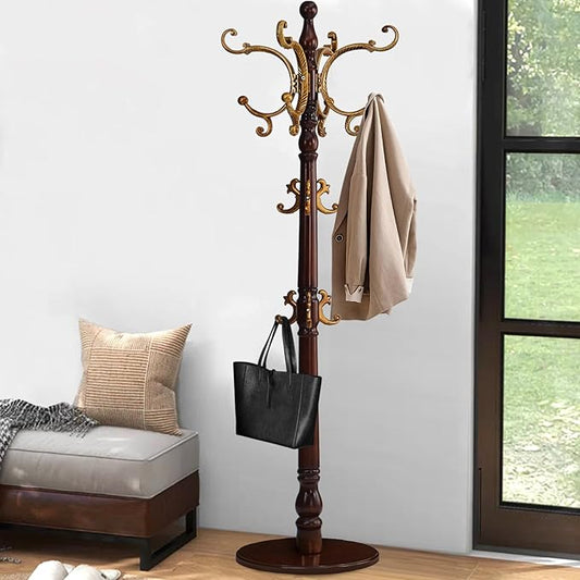 Coat Rack Freestanding, Wooden Coat Tree with Stable Round Base, Vintage Heavy Duty Coat Rack Stand with 14 Hooks, Coat Hanger Stand for Bedroom, Office, Entryway (Vintage)