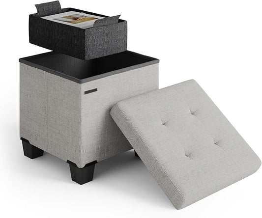 STORAGEBUD Storage Ottoman Cube with Small Bin, 16-in Square Ottoman with Storage for Living Room and Bedroom, Small Ottomans Foot Rest, Fabric Foot Stools Ottomans Max 330lbs, Light Grey