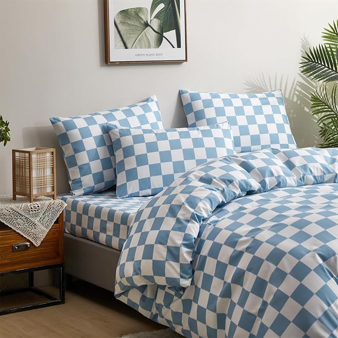 CLOTHKNOW Blue White Plaid Twin/Twin XL Comforter Set 3Pcs Grid Bedding Comforter Sets Blue Comforter Soft Lake Blue Comforter Sets Twin