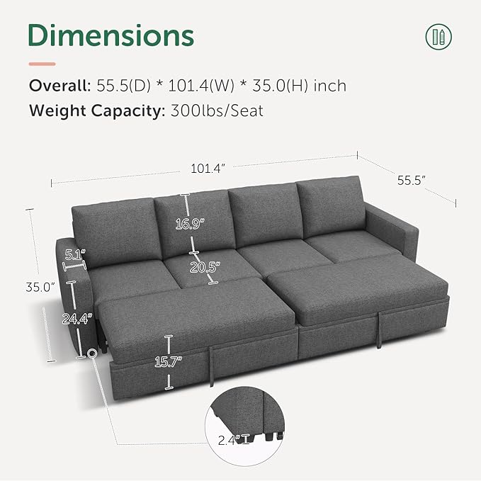 HONBAY Modular Sectional Sleeper Sofa Bed, with Pull Out Bed, Linen Convertible Sectional Couches for Living Room - Dark Grey