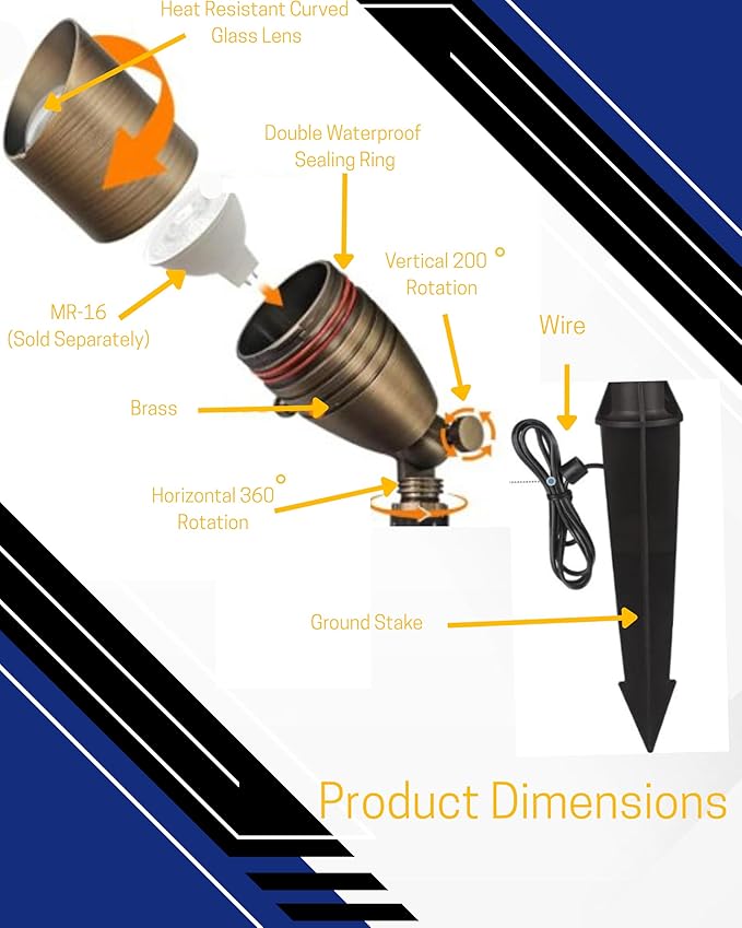 Brass Landscape Spotlights by GLE - 12 Volt - Outdoor Uplight LED, Wired Spot Lights IP65 Waterproof, Antique Bronze for Exterior Garden Yard Tree House Without MR16 Bulb (1 Pack)