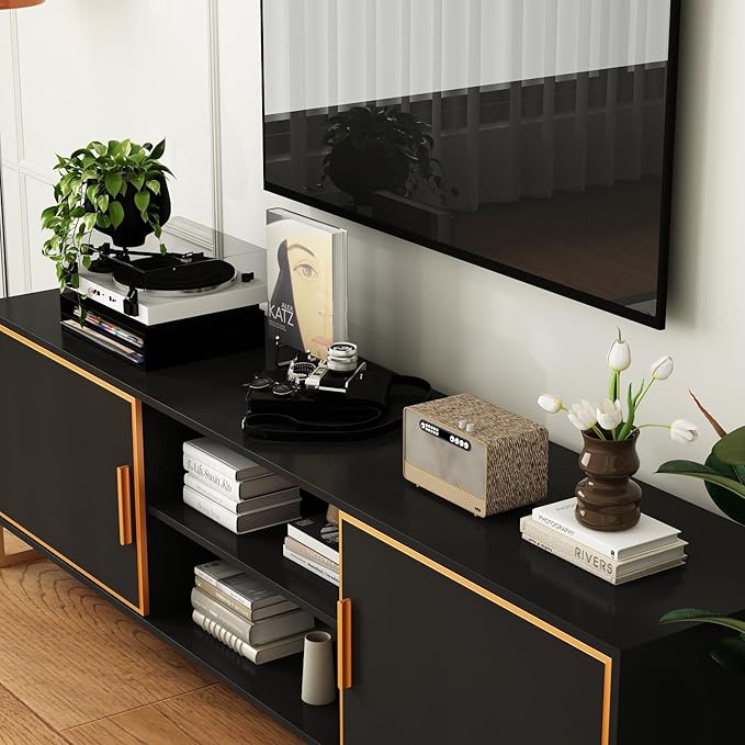 AIEGLE Modern TV Stand for 75+ Inch TVs, 70.9" W Entertainment Center with 2 Doors & Cable Management, Media Console Cabinet, Dark