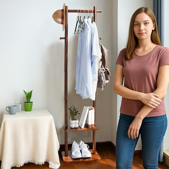 Coat Rack,Wooden Coat Rack Freestanding,Standing Coat Racks Tree Clothes Hanger Stand with Stury Base for Entryway, Livingroom, Bedroom,Easy to Assemble(Brown)