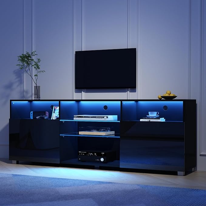 St.Mandyu LED TV Stand for 65/75 inch TV, Modern Television Table Center Media Console with Drawer and Led Lights, High Glossy Entertainment Center for Living Game Room Bedroom(Black)¡