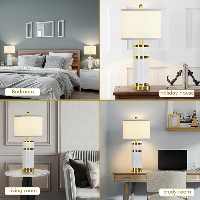 Ceramic Gold-Plated Decorative 28" Table Lamps Set of 2 with E26 Socket&Rotary Switch,USB A+C Ports,Modern Bedside Lamps for Nightstand,Bedroom,Living Room,Decoration,Office(Bulbs Included)