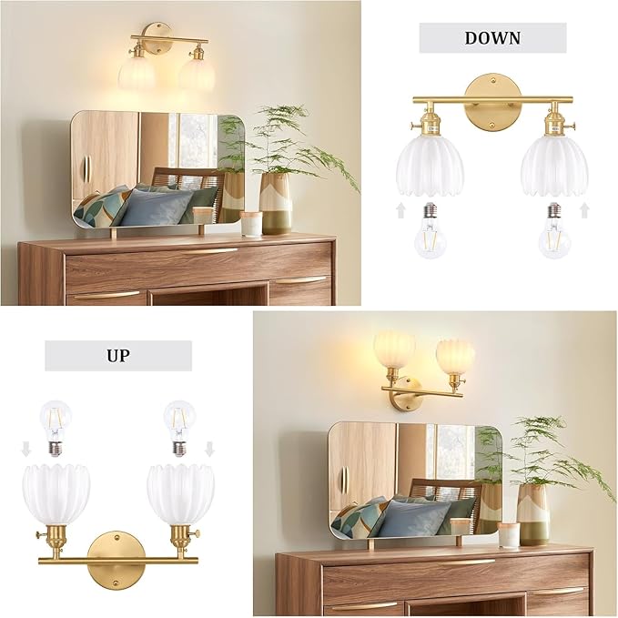 Bathroom Light Fixtures, 2-Light Brass Vanity Wall Light Over Mirror with White Tulip Glass Shade for Bedroom Living Room