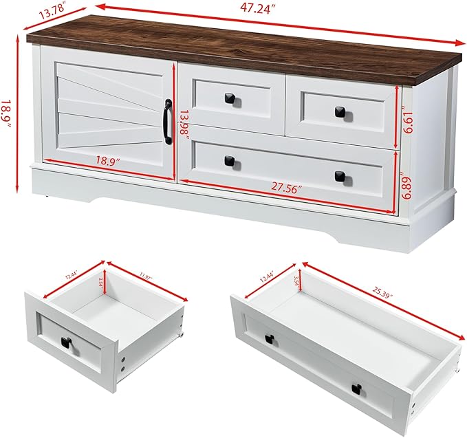 LIDYUK 3 Drawer White Dresser for Bedroom Farmhouse Dresser Chest of Drawers, 48" End of Bed Storage Bench Wide Chest of Drawers for Bedroom, Living Room
