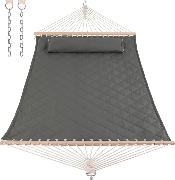 ANOW 2 Person Hammock with Spreader Bars and Detachable Pillow, Quilted Hammock for Outdoors Indoors, 450 LBS Weight Capacity, Gray