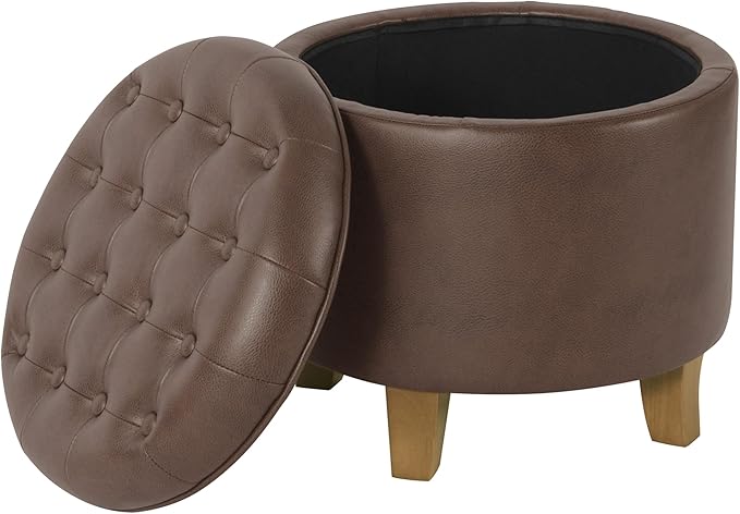 HomePop Home Decor | Upholstered Round Faux Leather Tufted Foot Rest Ottoman | Ottoman with Storage for Living Room & Bedroom | Decorative Home Furniture, Brown Faux Leather