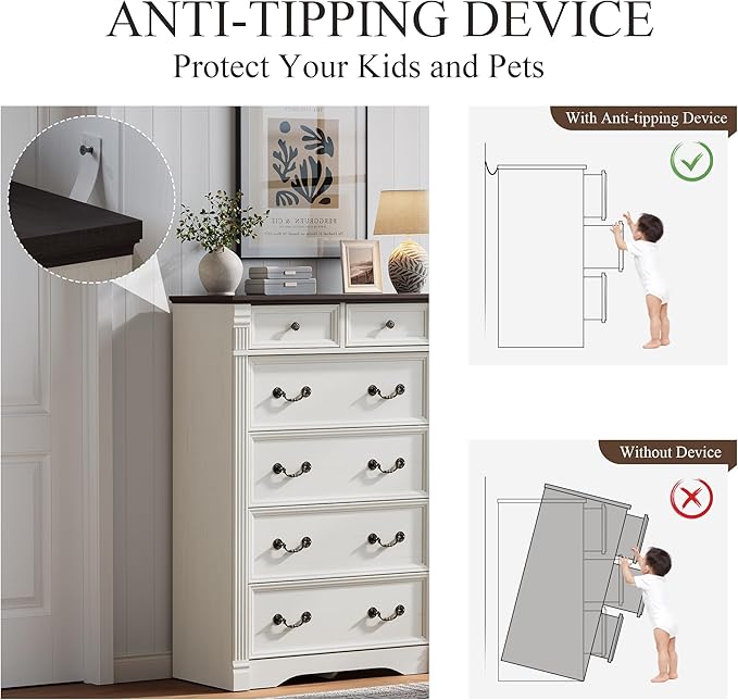 Yaamizz Farmhouse Dresser for Bedroom, 47" Tall 6 Drawer Dresser Storage with Wood Pilasters and Metal Handles, Vintage Design, Drawer Organizer for Bedroom, Hallway, White