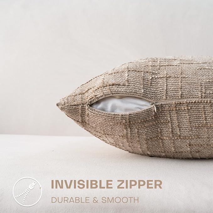 Decorative Throw Pillow Covers 20x20 Inch Set of 4, Soft Solid Farmhouse Chenille Couch Pillows, Spring Pillow Covers for Couch Sofa Bed Living Room Home Decor Pillowcase, Light Khaki