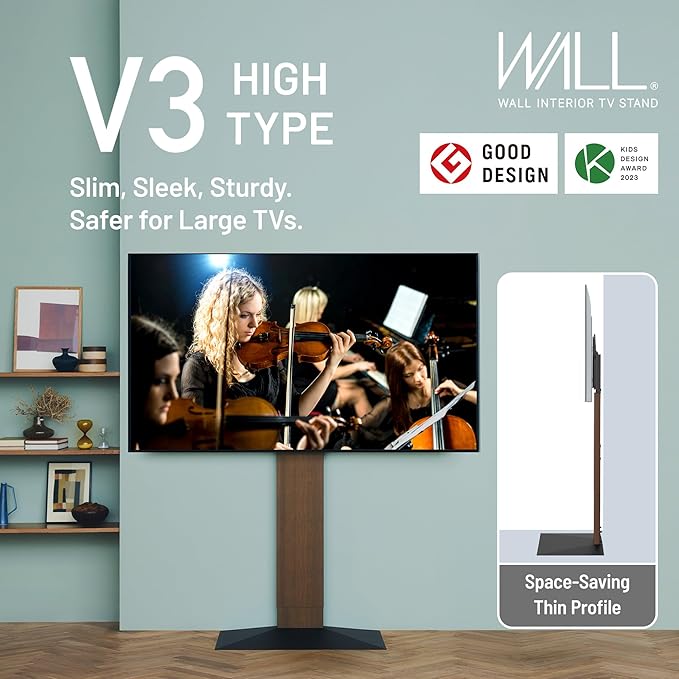 WALL V3 High Type | Sleek 32-80 Inch Universal Ultra Thin TV Stand | Walnut | for Living Room and Bedroom, Space Saving, Adjustable Mount, No Drill, Japan-Engineered Design