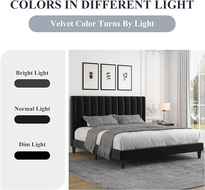 Allewie Full Bed Frame/Velvet Upholstered Bed Frame with Vertical Channel Tufted Headboard/Strong Wooden Slats/Platform Bed Frame/Mattress Foundation/Box Spring Optional/Easy Assembly/Black