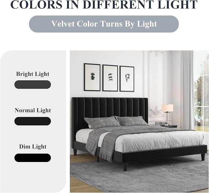 Allewie King Bed Frame/Velvet Upholstered Bed Frame with Vertical Channel Tufted Headboard/Strong Wooden Slats/Platform Bed Frame/Mattress Foundation/Box Spring Optional/Easy Assembly/Black