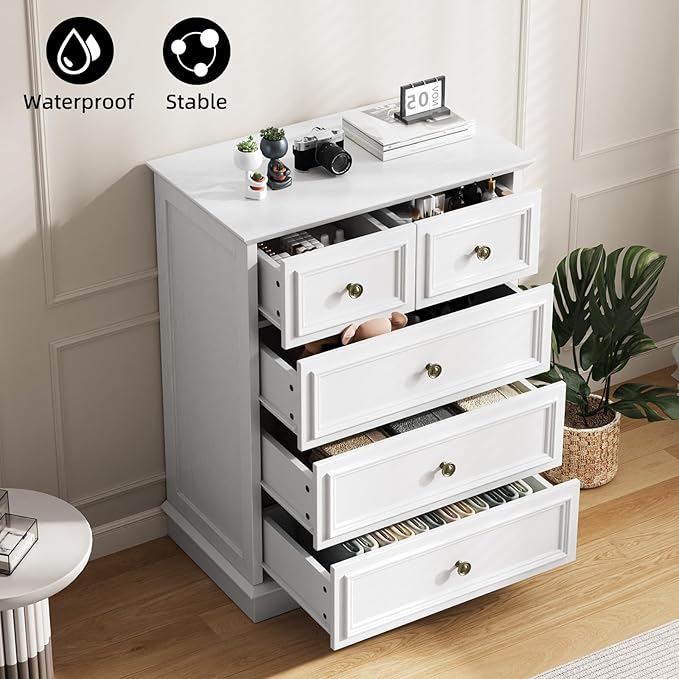 White 5 Drawer Dresser for Bedroom, Modern Chest of Drawers, Wooden Storage Dresser with Deep Drawers for Bedroom, Living Room, Entryway, Hallway
