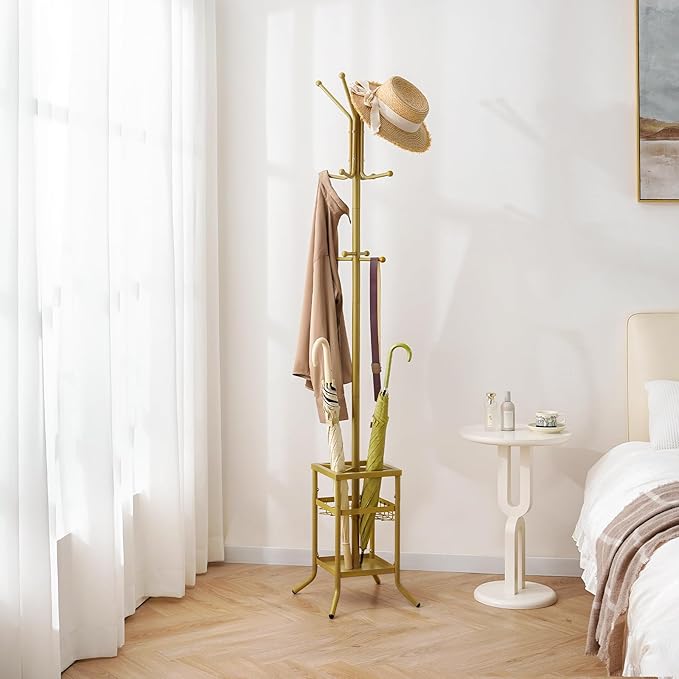 Yoobure Coat Rack Freestanding - Coat Tree with Umbrella Holder, Metal Coat Rack Stand with 12 Hooks, Modern Coat Hanger Stand for Entryway, Purse Rack Hat Rack Stand for Living Room Bedroom Office