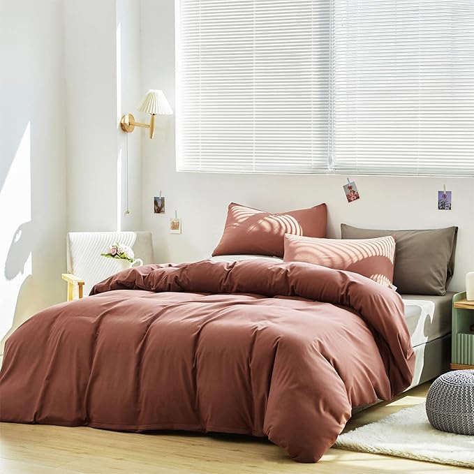 Cottonight Brick Red Comforter Set King Marroon Bedding Comforter Set Solid Modern Cotton Blackish Red Blanket Quilts Soft Simple Modern Breathable 3 Piece Hotel Quality Comforter Set for Women Men