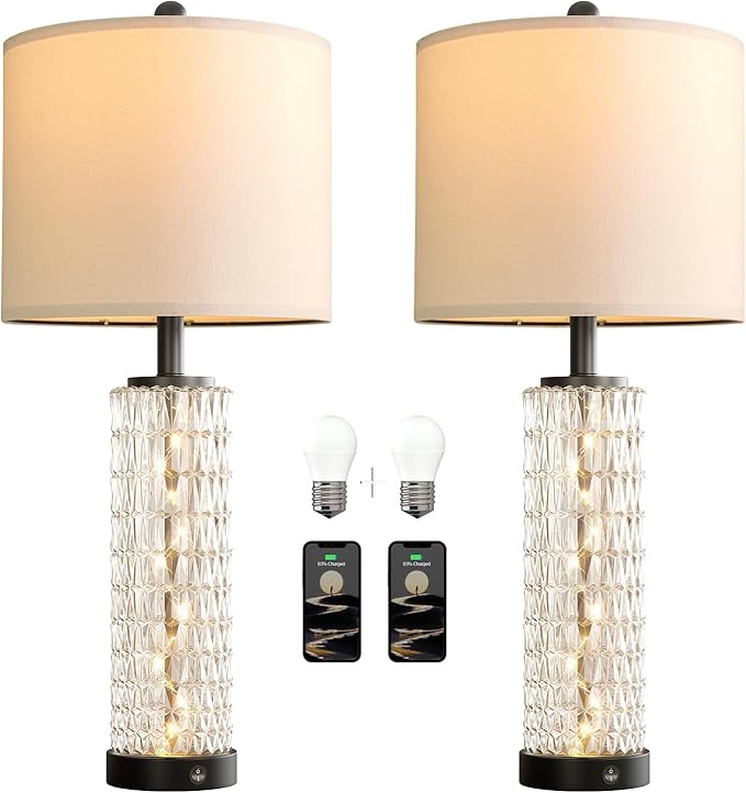 Oneach 27.75” Table Lamps Set of 2, Black Modern Bedside Lamp with LED Night Light, USB A+C, Glass Lamps for Living Room, Bedroom, Nightstand, Office, End Table (2 Bulbs Included)
