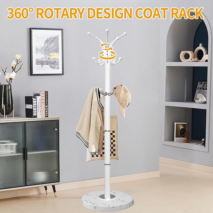 Metal Coat Rack Stand with Natural Marble Base, Modern Coat Rack Freestanding, 360°Rotary Coat Racks with 14 Hooks, Heavy Duty Coat Hall Tree Hanger Stand for Entryway, Office